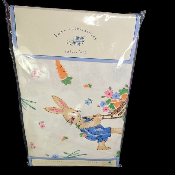 Garden Bunnies Easter Spring Tablecloth 70 Inch Round‎ Floral Cotton Dining New - Picture 1 of 8